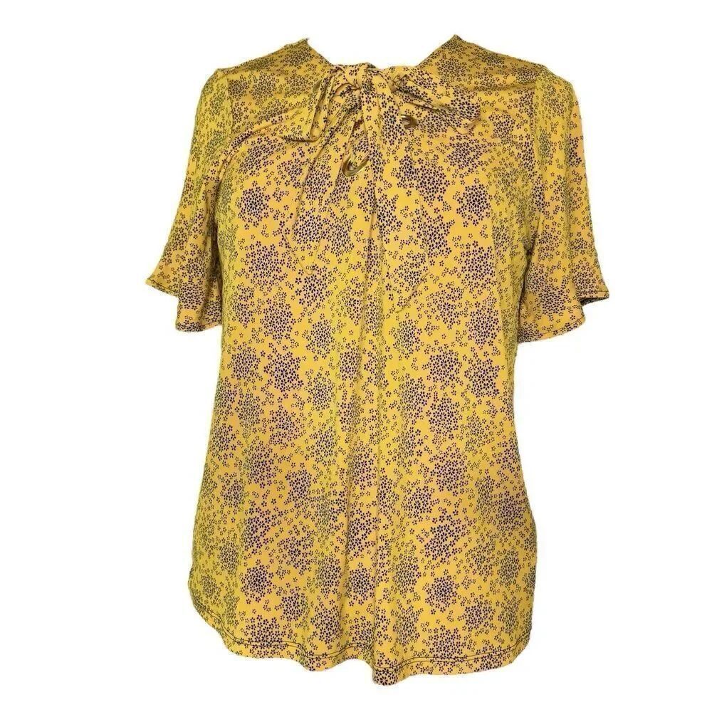 Michael Kors Sz M Floral Tie Flare Sleeve Popover Tunic Blouse Shirt Gold HW